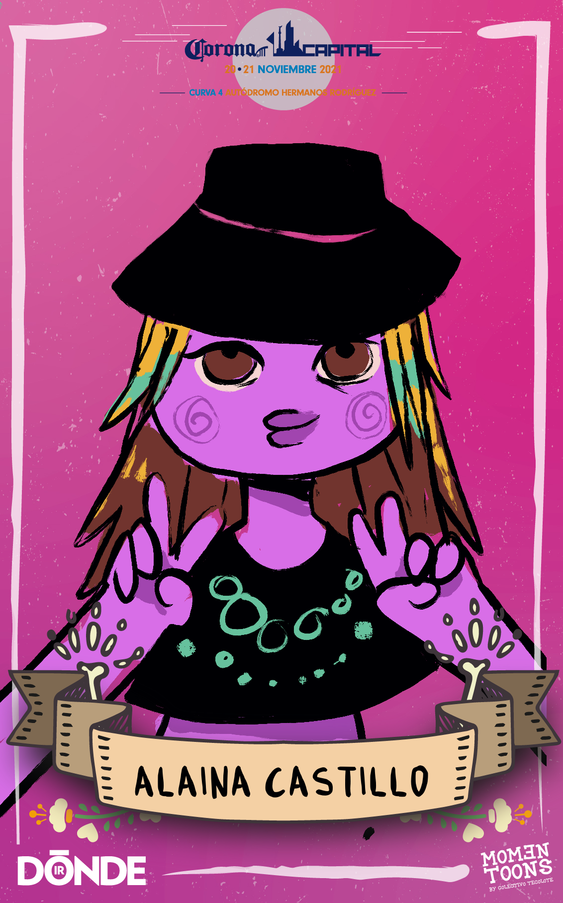 Artistas con su ilustracion en el Corona Capital 2021. Alaina