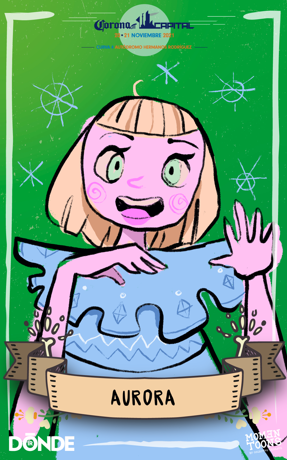 Aurora. Artistas con su ilustracion en el Corona Capital 2021.