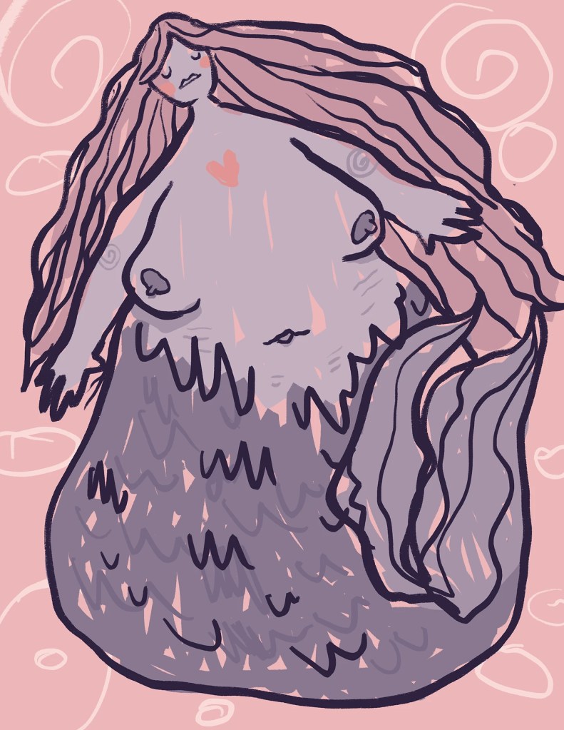 Gato sirena gordito con medalla de pescado, character design Mermay"