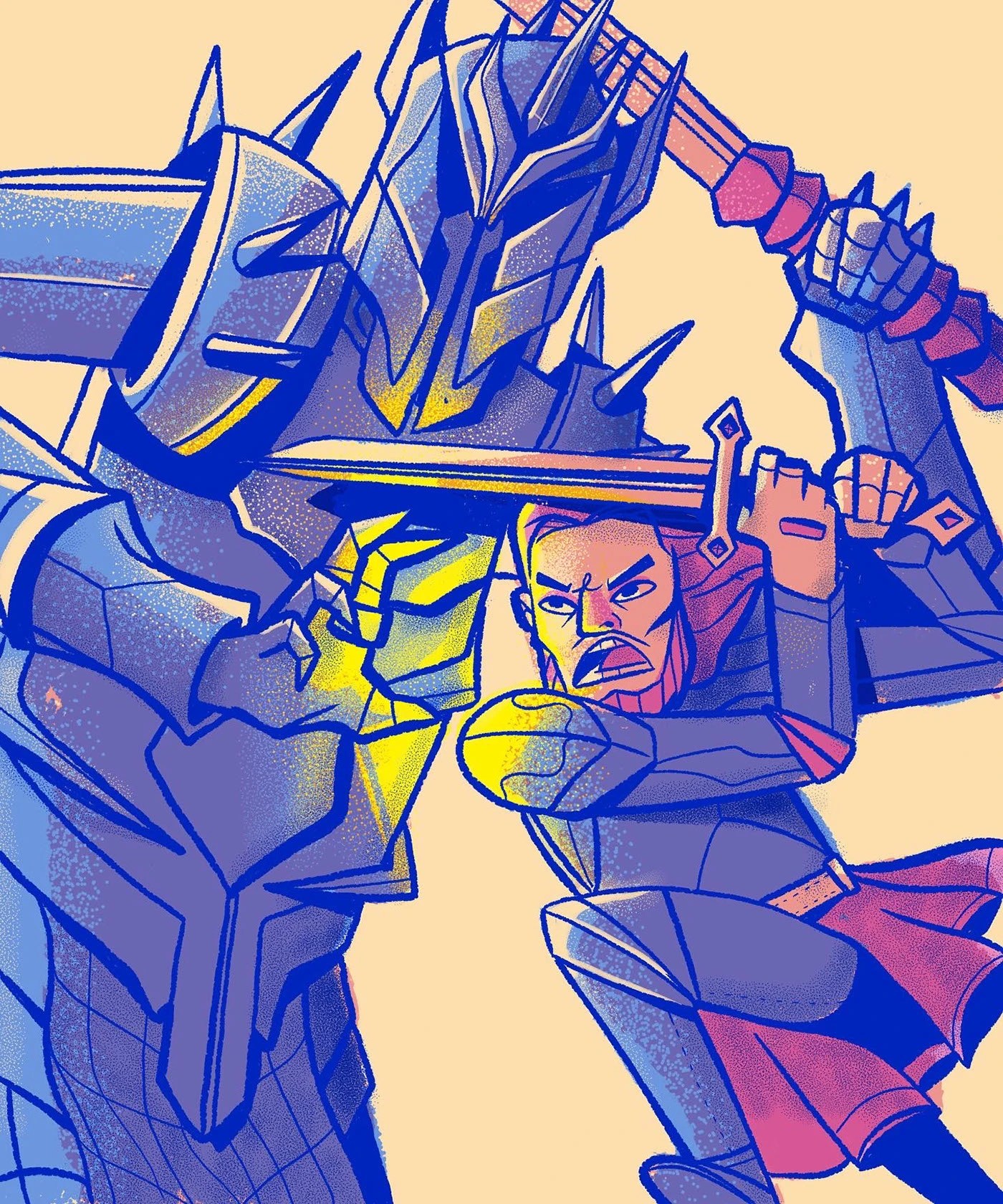 Ilustración digital del Joker en paleta teal y salmón hecha en iPad Pro