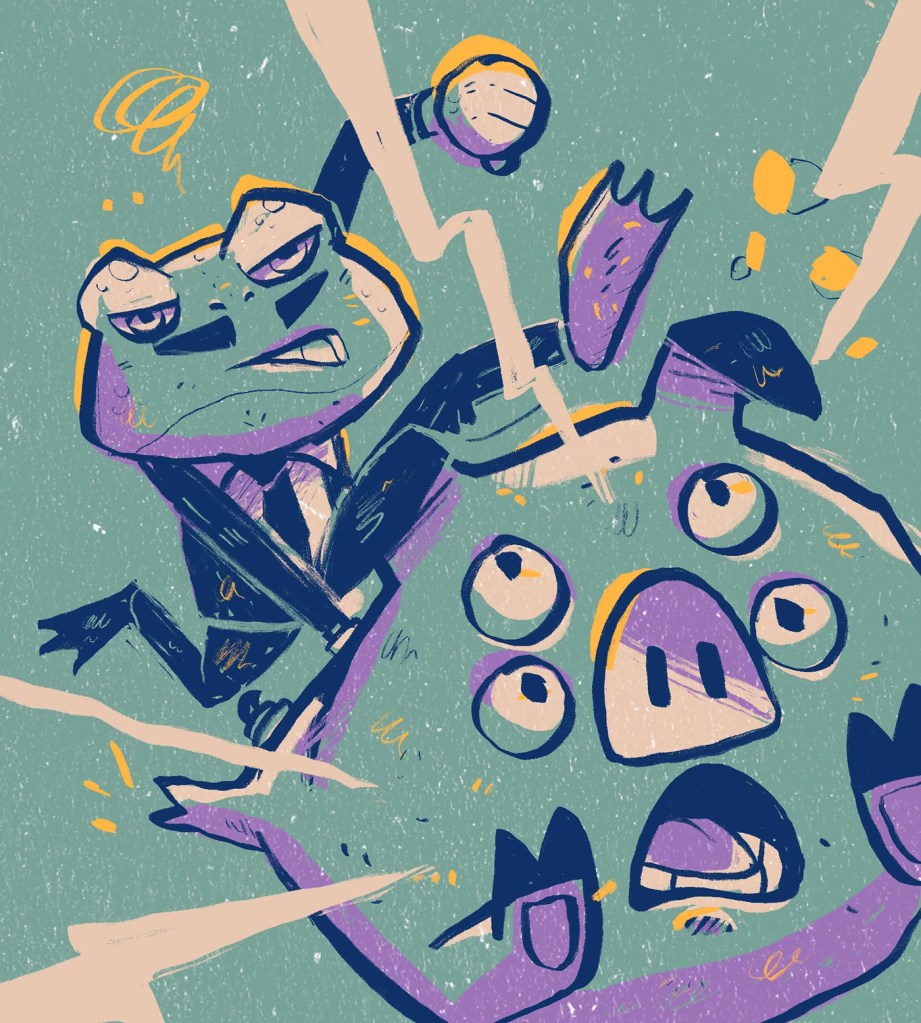 Ilustración digital del Joker en paleta teal y salmón hecha en iPad Pro