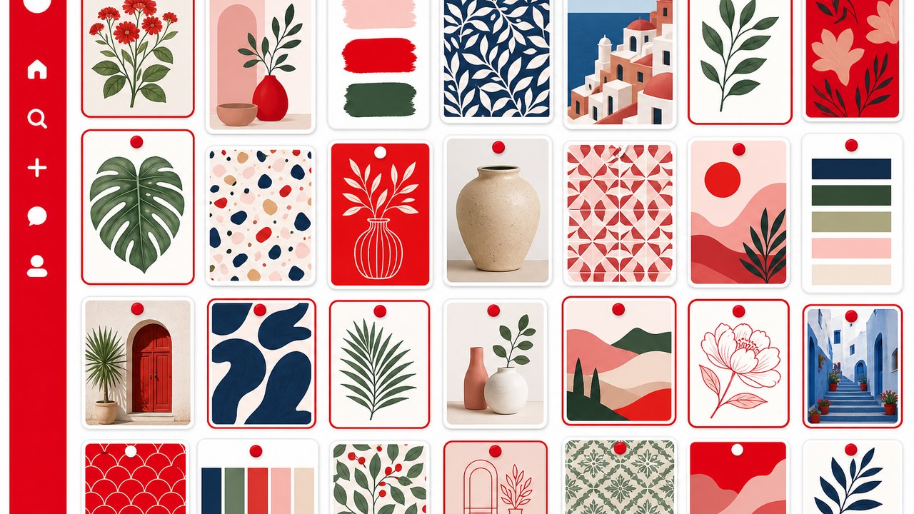Tablero tipo Pinterest, pines y color rojo