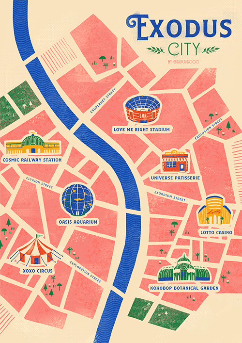 Mapa ilustrado retro de Exodus City con manzanas rosa, río azul e iconos de edificios emblemáticos.