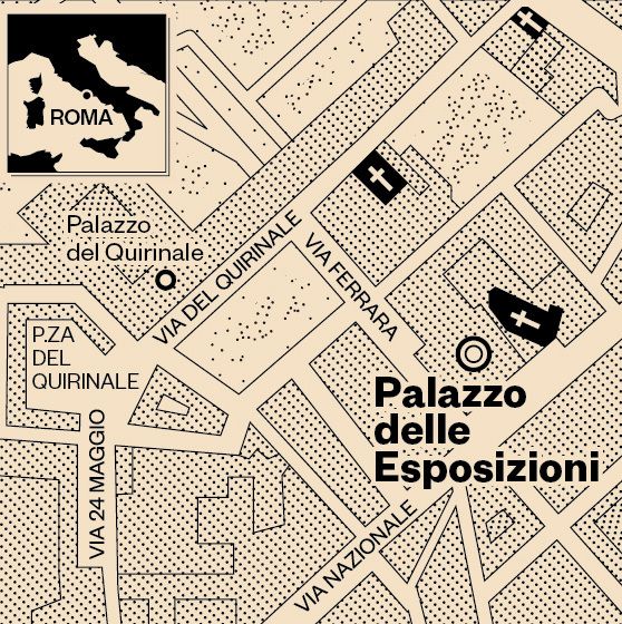 Mapa gráfico minimalista en crema y negro de Roma centrado en el Palazzo delle Esposizioni.
