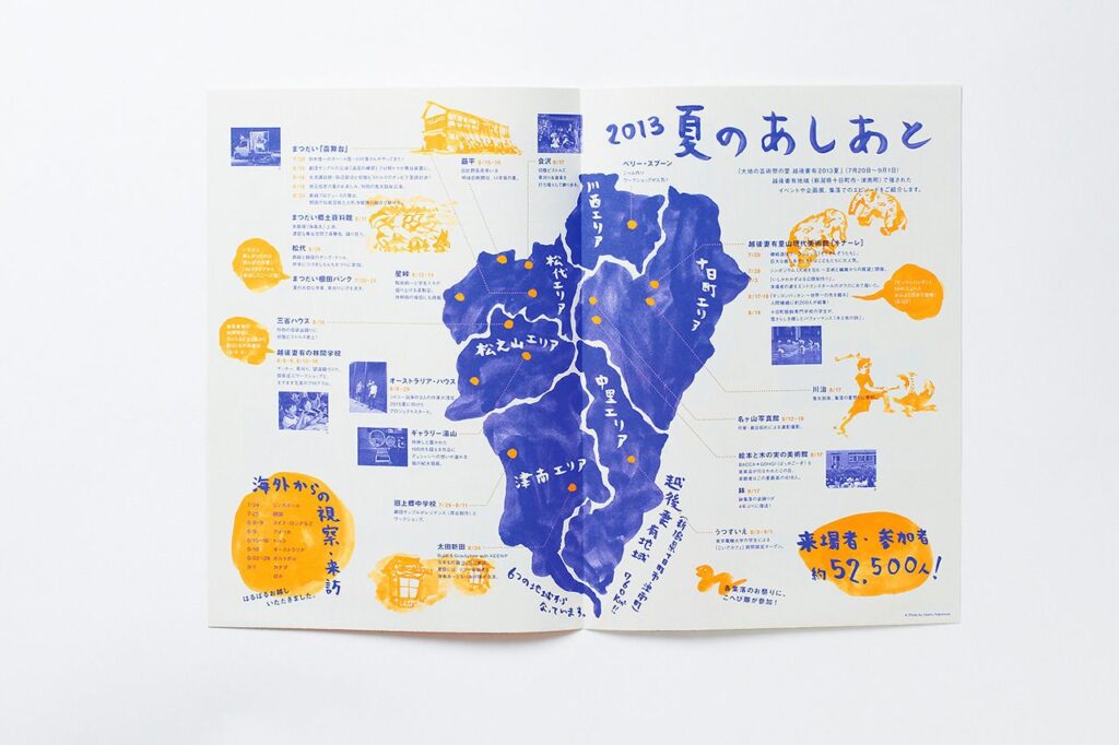 Díptico editorial con mapa pintado en azul y naranja de un evento de verano en Japón.