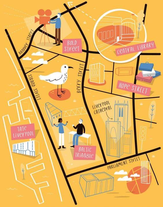 Mapa ilustrado de Liverpool en fondo mostaza con iconos de Bold Street, catedral y Baltic Triangle.