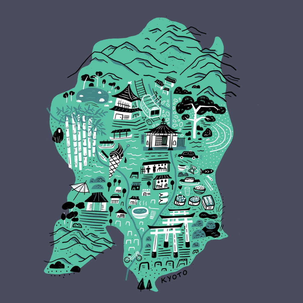 Mapa ilustrado de Kioto en silueta verde con templos, toriis, comida y dibujos lineales.