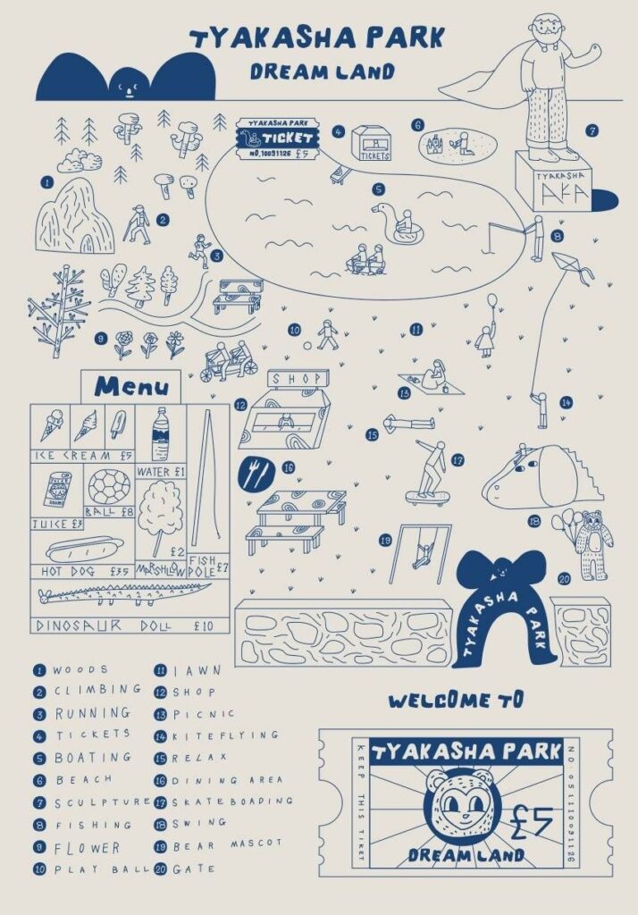 Mapa linial azul de Tyakasha Park Dream Land con leyenda numerada, menú y boleto ilustrado.