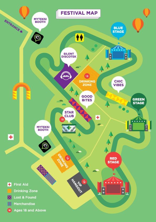 Plano vectorial de festival con escenarios de colores, zonas de comida, leyenda de iconos y caminos verdes.