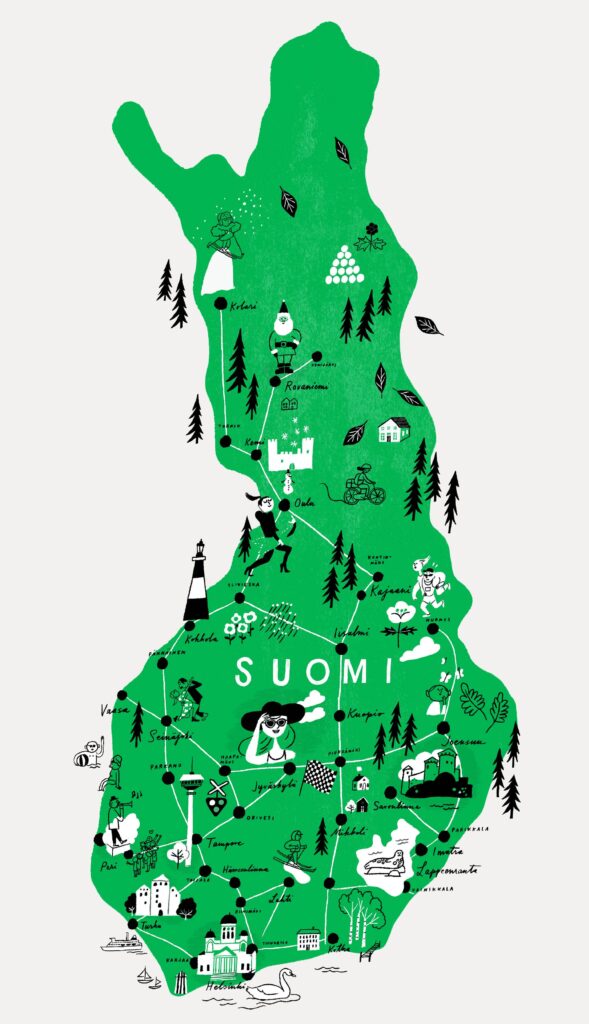 Mapa ilustrado de Finlandia Suomi en verde con iconos de ciudades, naturaleza y actividades.