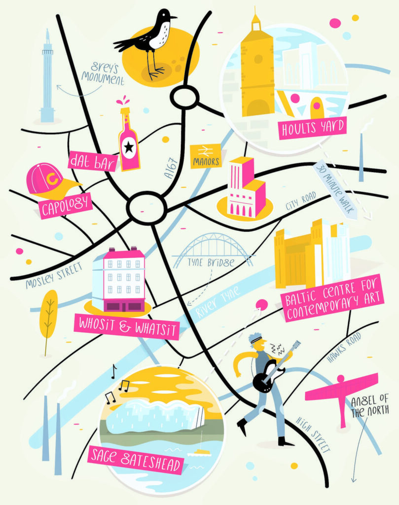 Mapa ilustrado colorido de Newcastle y Gateshead con el puente Tyne, el Sage y el Ángel del Norte.