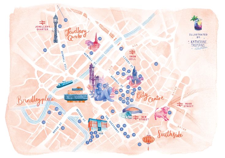 Mapa ilustrado en acuarela del centro de Birmingham con barrios rotulados a mano, canales y puntos numerados.