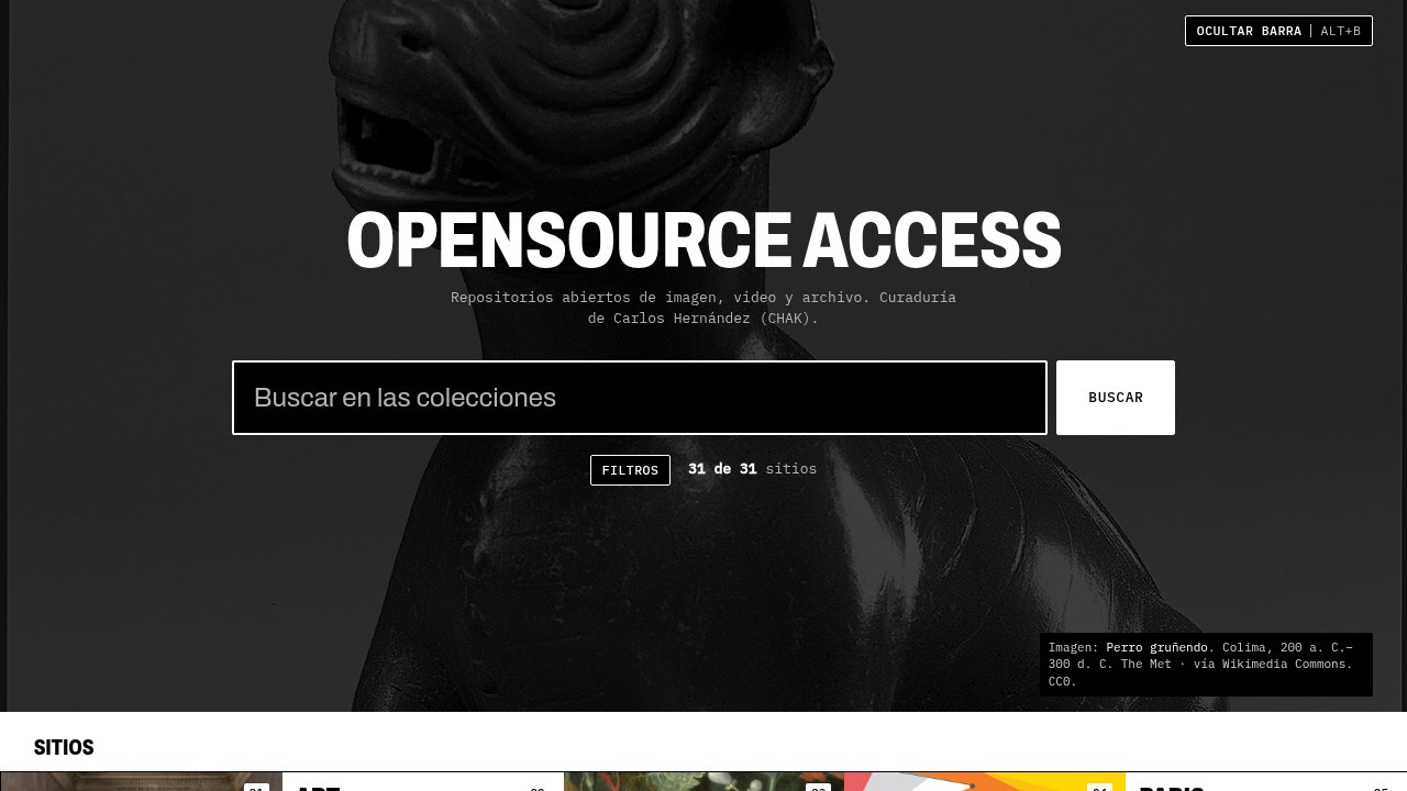 Portada de OPENSOURCE ACCESS: buscador de colecciones abiertas sobre una escultura de perro de Colima