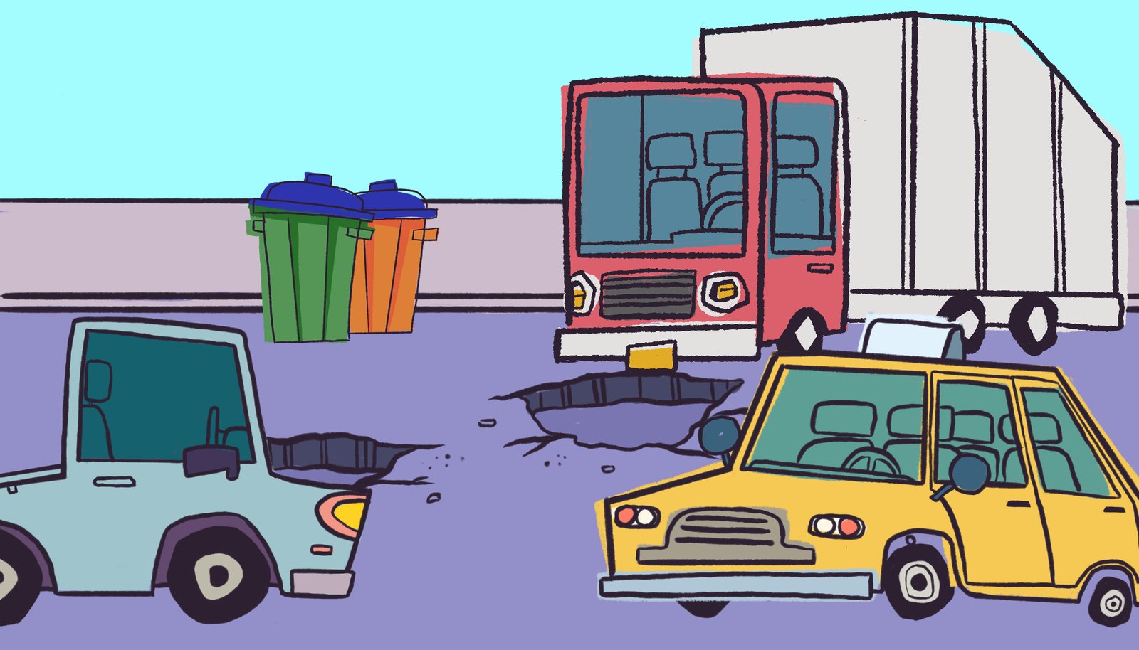 Calle con baches, taxi, camioneta y camión en ilustración pop sobre papel rasgado