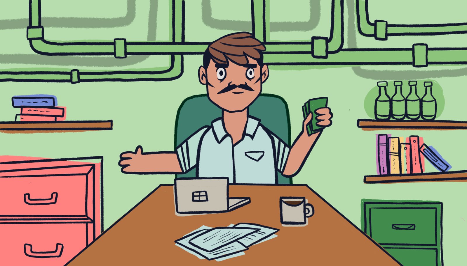 Funcionario con bigote contando billetes en una oficina, ilustración pop