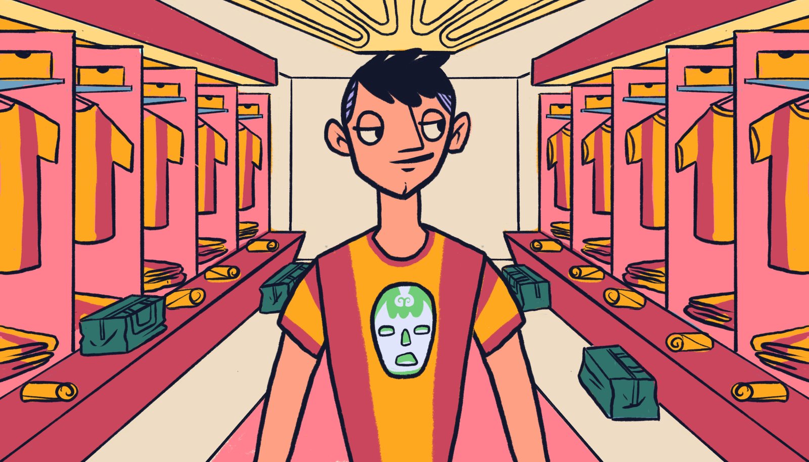 Joven con playera de máscara de luchador en un vestidor, ilustración pop