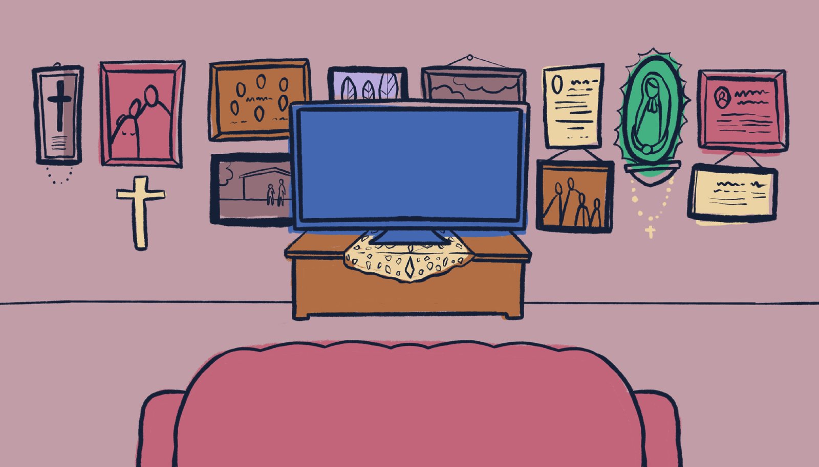 Sala con televisión, cuadros, cruces y Virgen, ilustración pop