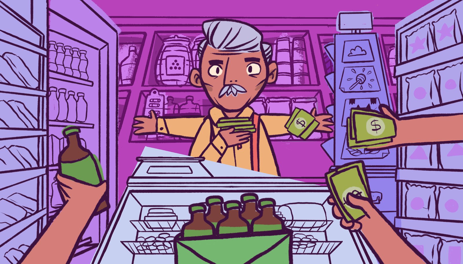 Tendero recibiendo billetes en tienda de abarrotes, ilustración pop
