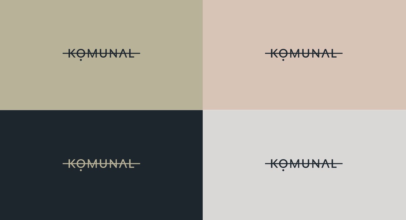 Logotipo KOMUNAL aplicado en cuatro fondos de color
